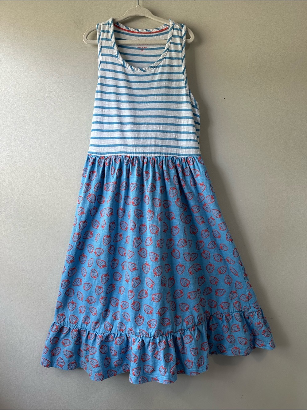 Boden Girls Strawberry Striped Blue Tank Dress Ruffle Skirt Summer Size 11-12Y